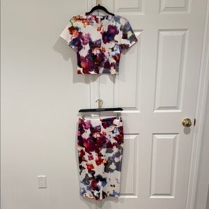 Leith White Floral Watercolor Crop Top & Pencil Skirt Set